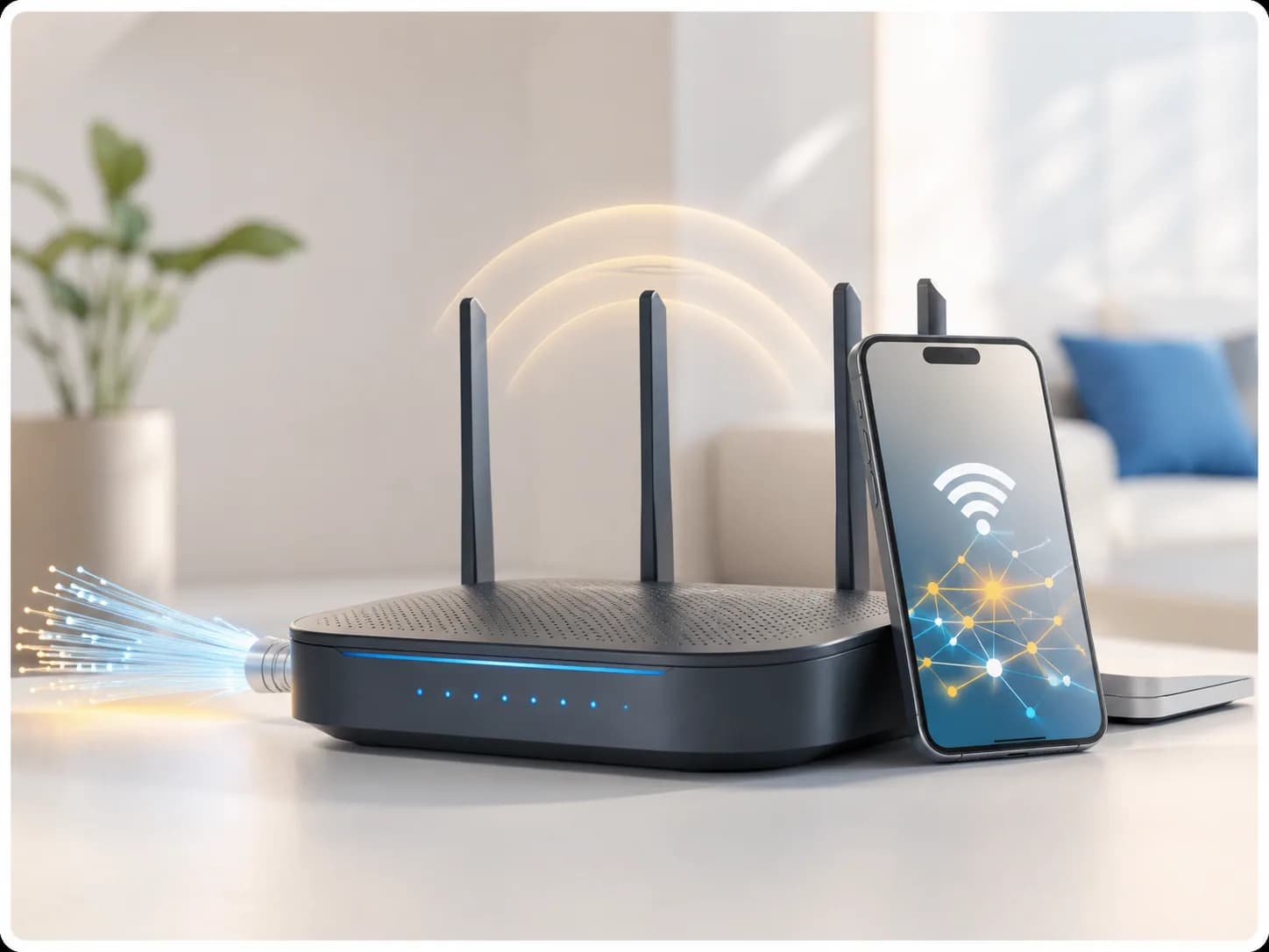 Router de fibra y teléfono móvil conectados